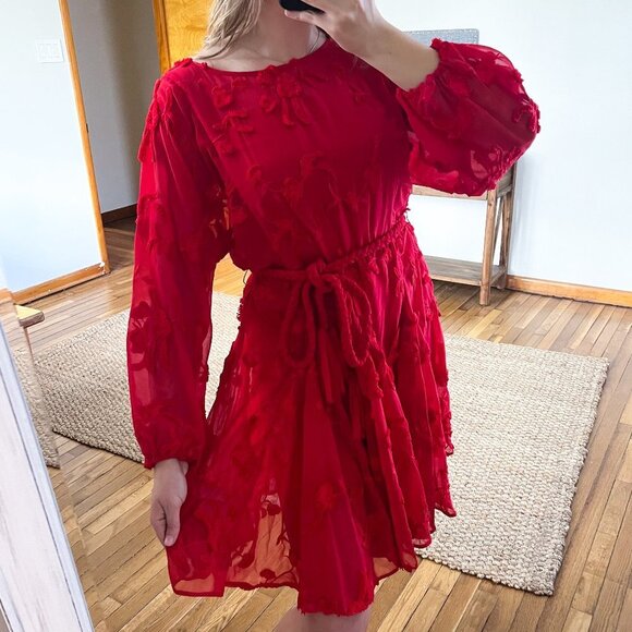 Mare Mare Dresses & Skirts - Mare Mare Red Floral Embroidered Long Sleeve Rope Tie Bohemian Mini Dress S NWT